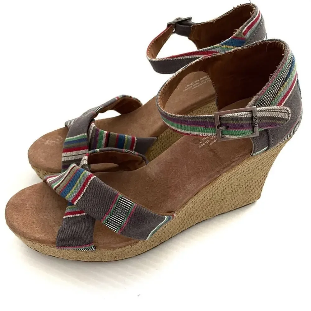 Toms Sienna striped strappy wedge sandals size 9.5 W